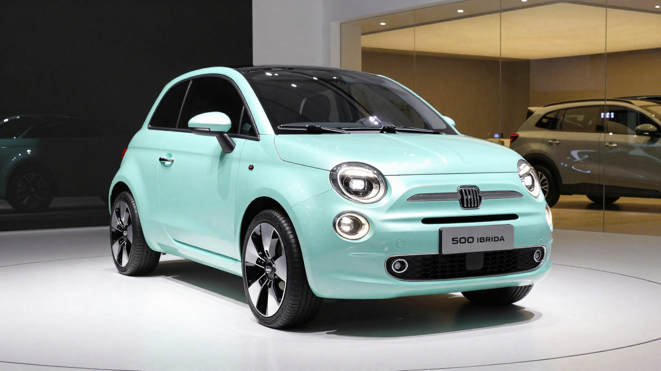Carro compacto Fiat 500 híbrido verde claro em exposição, com faróis e rodas estilizadas.