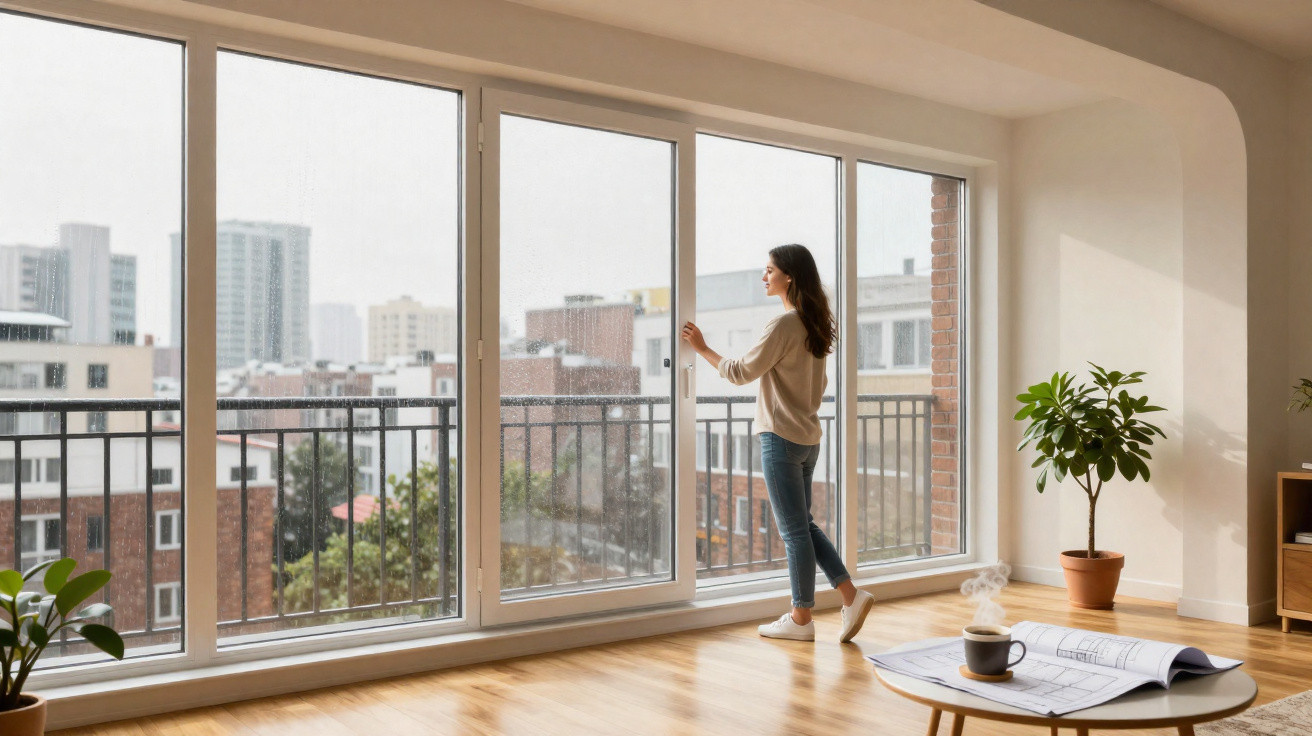 Mulher em pé abrindo uma porta de vidro do apartamento com vista para prédio na cidade.