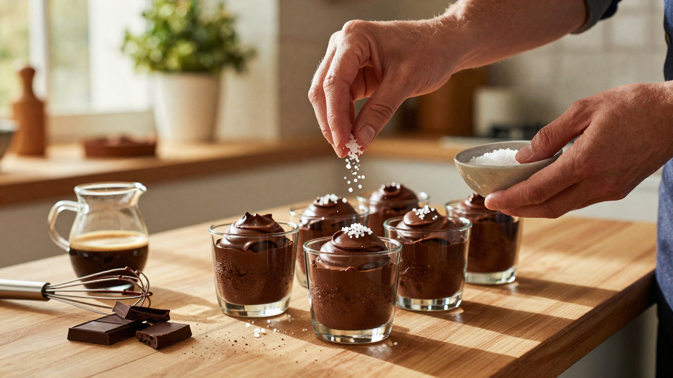 Mãos polvilhando sal grosso sobre copos com mousse de chocolate em bancada de madeira na cozinha.