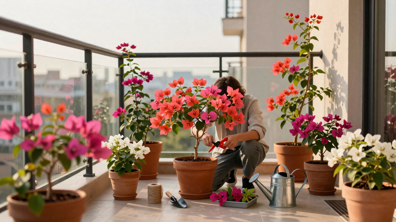 Pessoa cuidando de plantas com flores coloridas em vasos no terraço de apartamento ao ar livre.