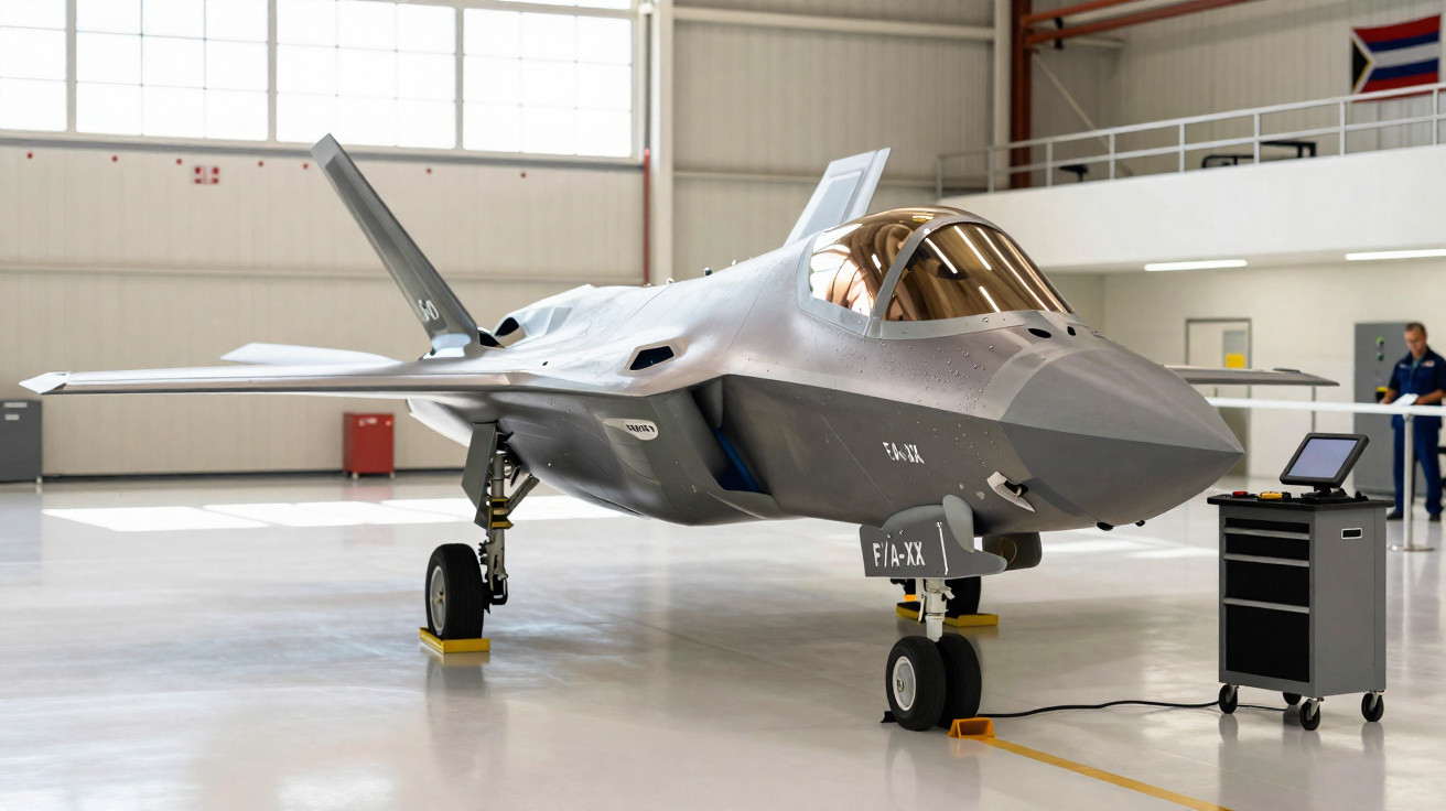 Caça stealth F-35 cinza estacionado em hangar com equipamento de manutenção ao lado.