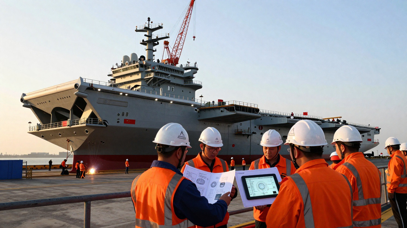 Equipe de engenheiros com capacetes e coletes revisando planos ao lado de grande navio industrial no cais.