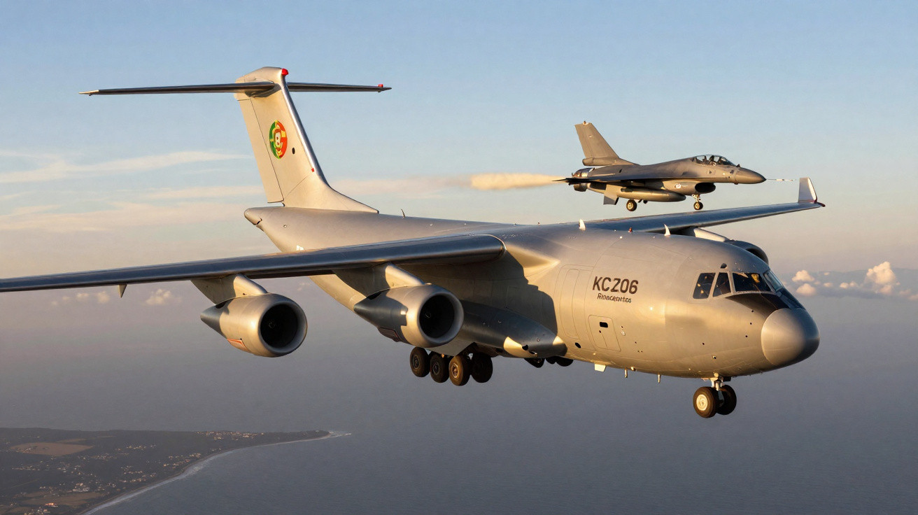 Avião de transporte militar KC-206 voando com caça militar sobre o mar ao entardecer.