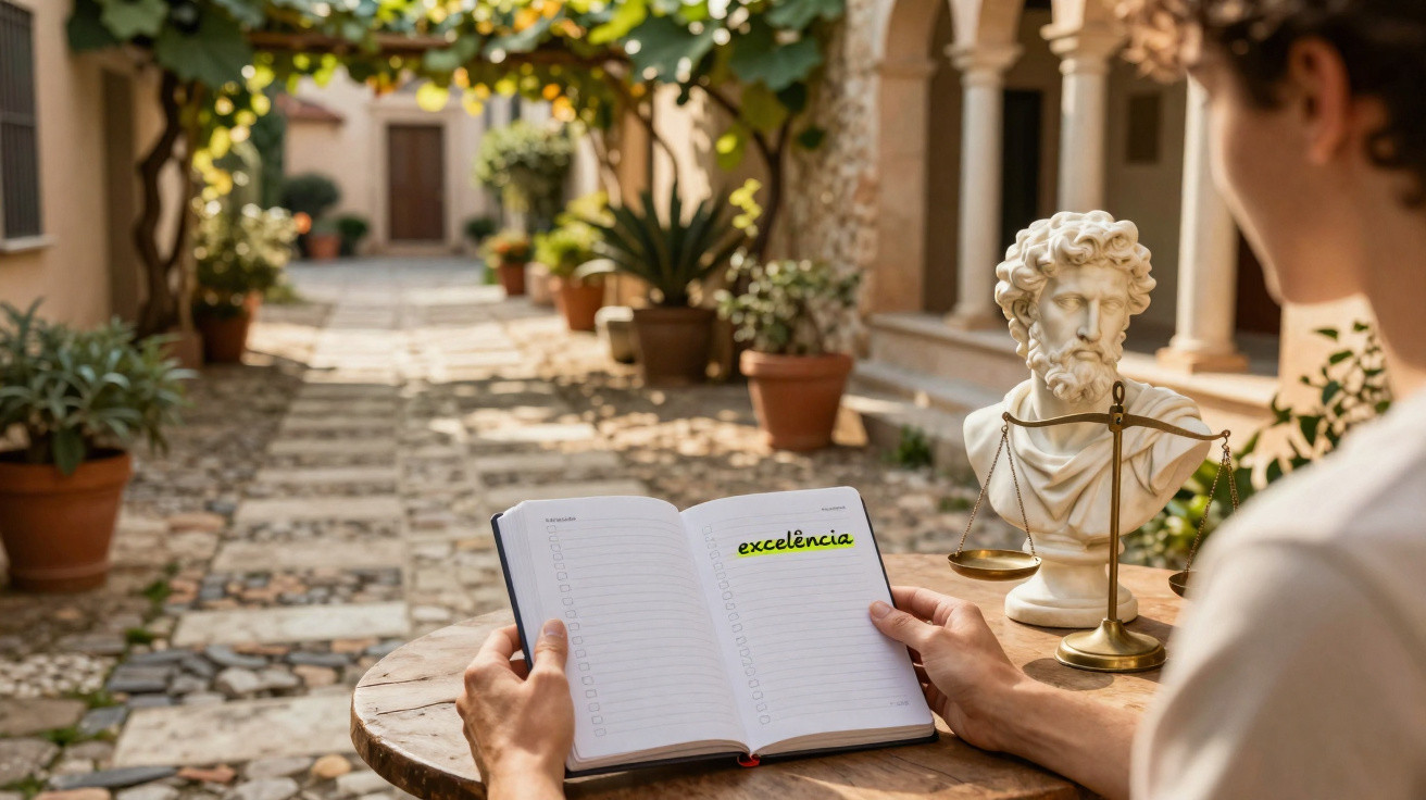 Pessoa lendo caderno com a palavra "excelência", mesa rústica, estátua branca e balança em pátio com plantas.