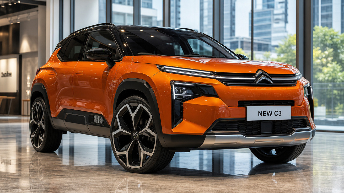 Carro SUV Citroën Novo C3 laranja com teto preto exibido em showroom moderno.
