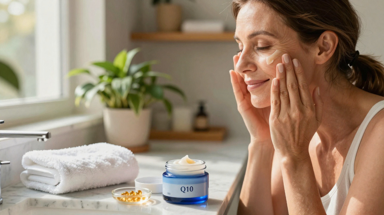 Mulher aplicando creme facial ao lado de toalha branca, cápsulas e pote de creme Q10 em bancada.