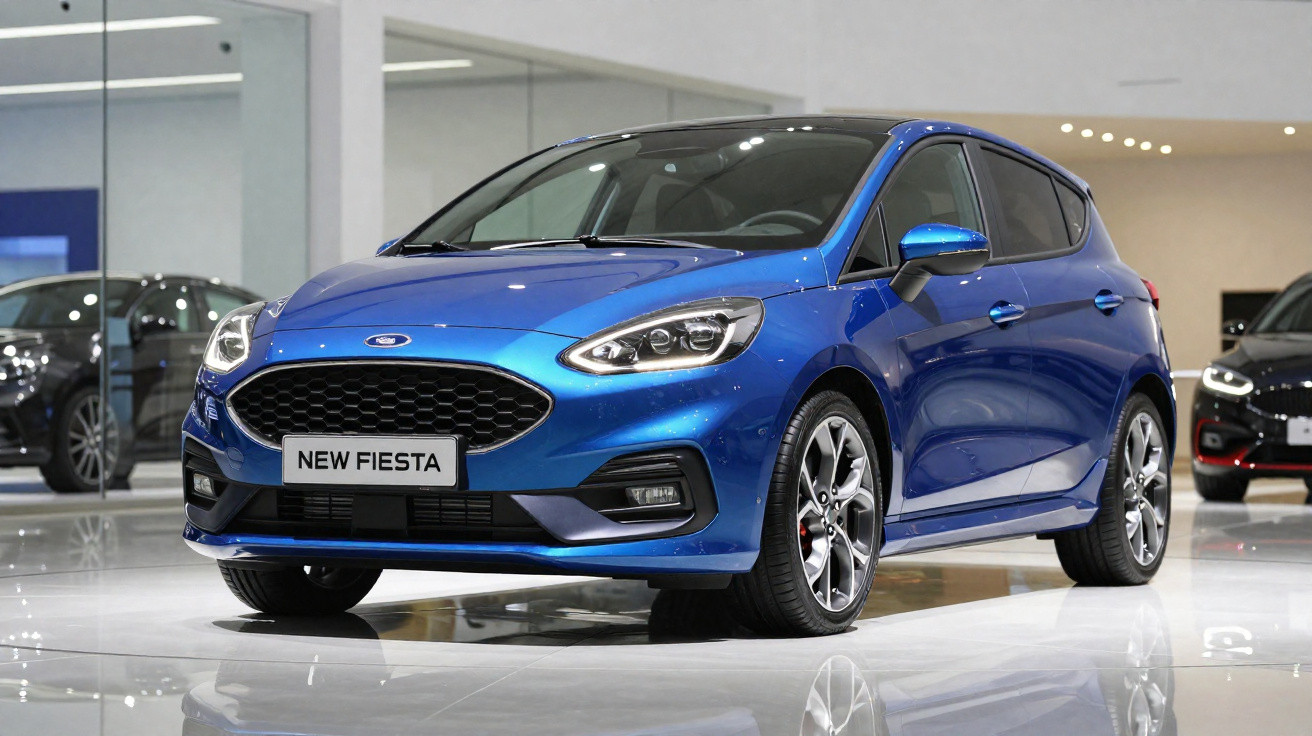 Carro Ford New Fiesta azul exposto em showroom moderno com piso refletivo.