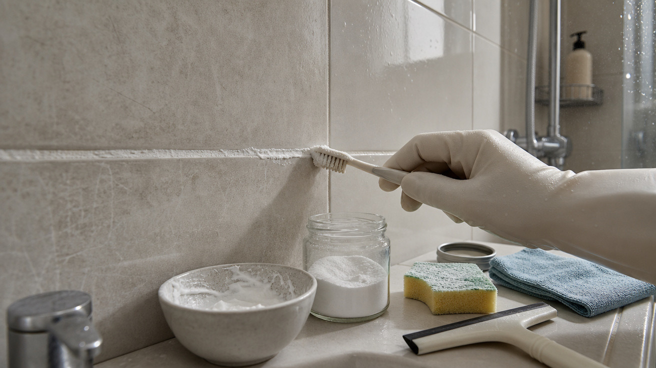 Mão com luva branca limpando rejunte do azulejo com escova pequena e produtos de limpeza no lavabo.