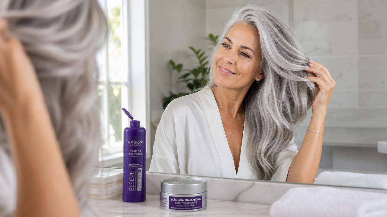 Mulher de cabelos grisalhos longos verifica o cabelo no espelho ao lado de produtos de cuidado capilar roxos.