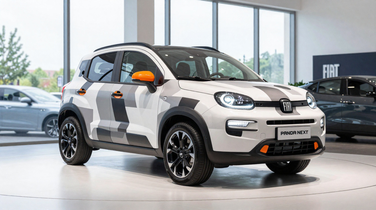 Carro Fiat Panda Next branco com detalhes laranja e cinza exibido em showroom moderno.