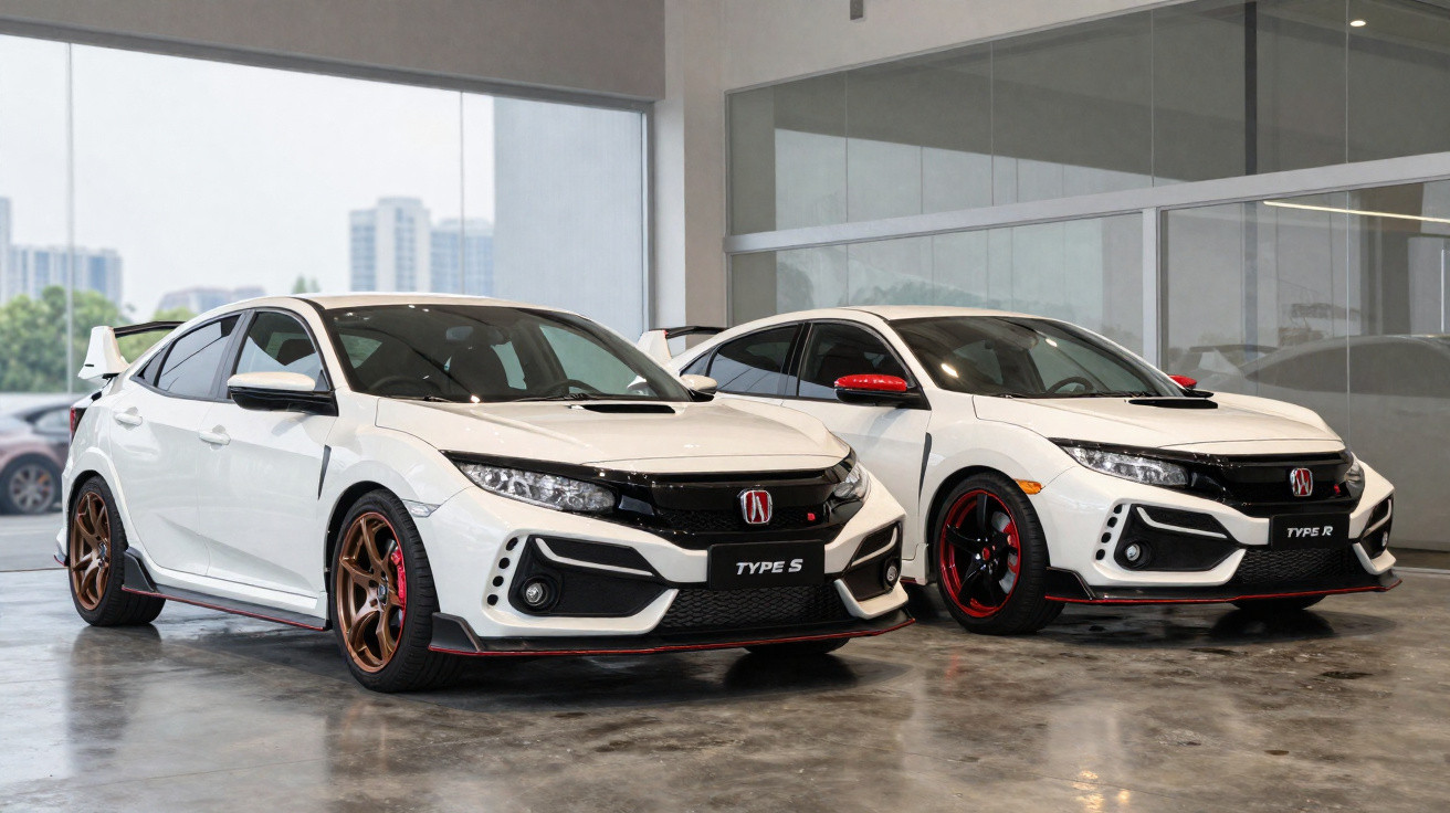 Dois carros esportivos Honda Civic brancos, modelos Type S e Type R, em garagem com piso refletivo.