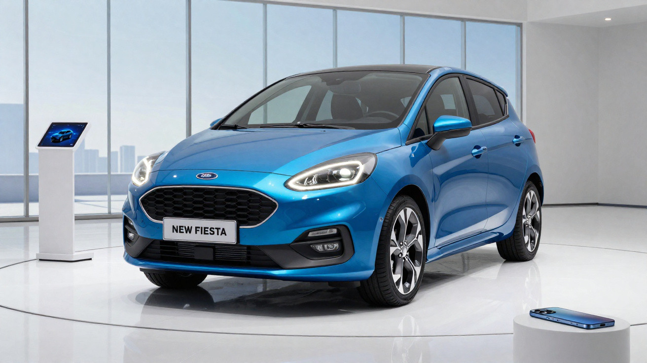 Carro azul Ford New Fiesta exposto em ambiente interno moderno com parede de vidro.
