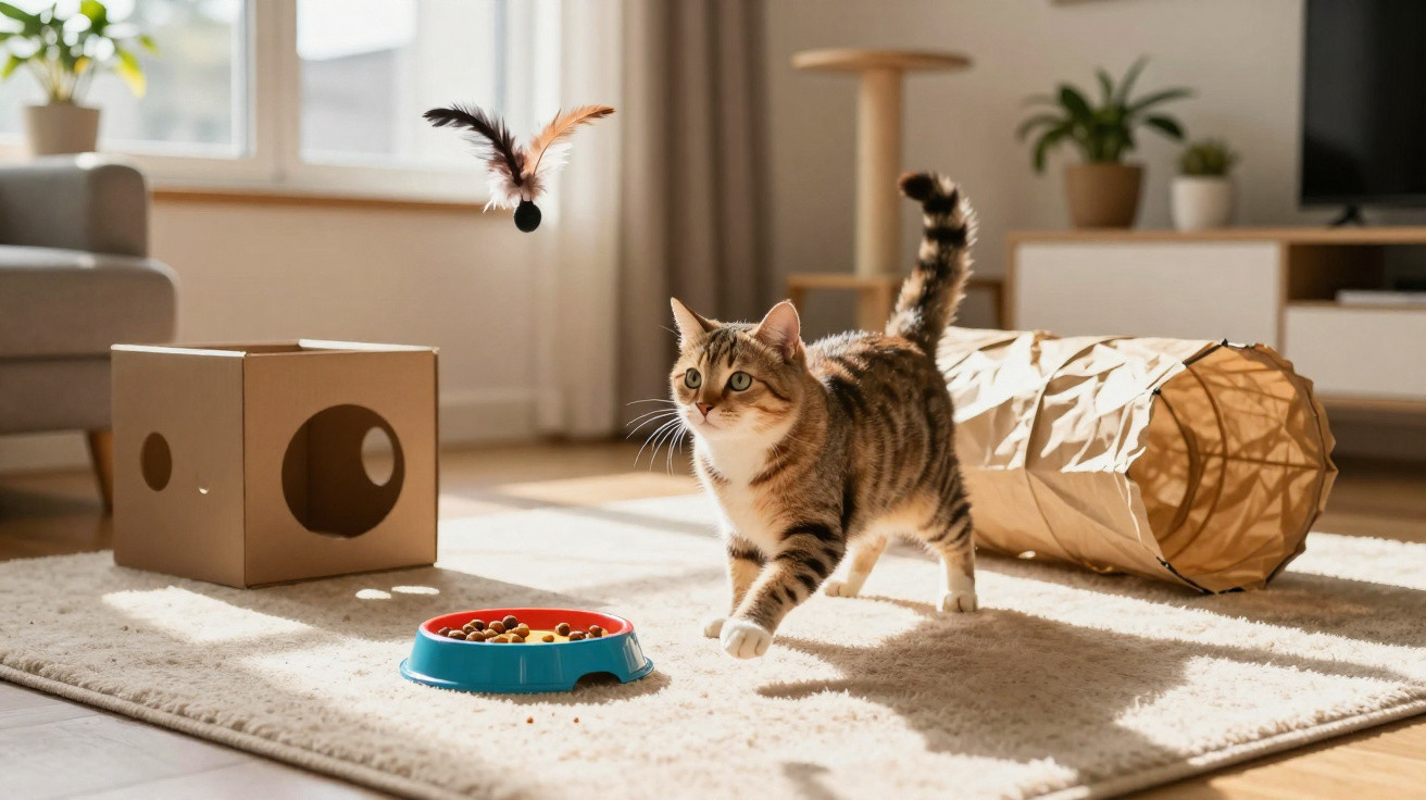 Gato marrom brincando com brinquedo de penas em sala de estar iluminada, com acessórios felinos ao redor.