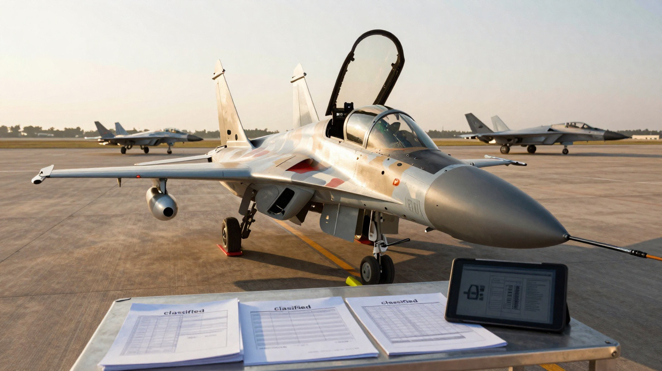 Caça militar estacionado no pátio de aeródromo com documentos e tablet em mesa à frente.