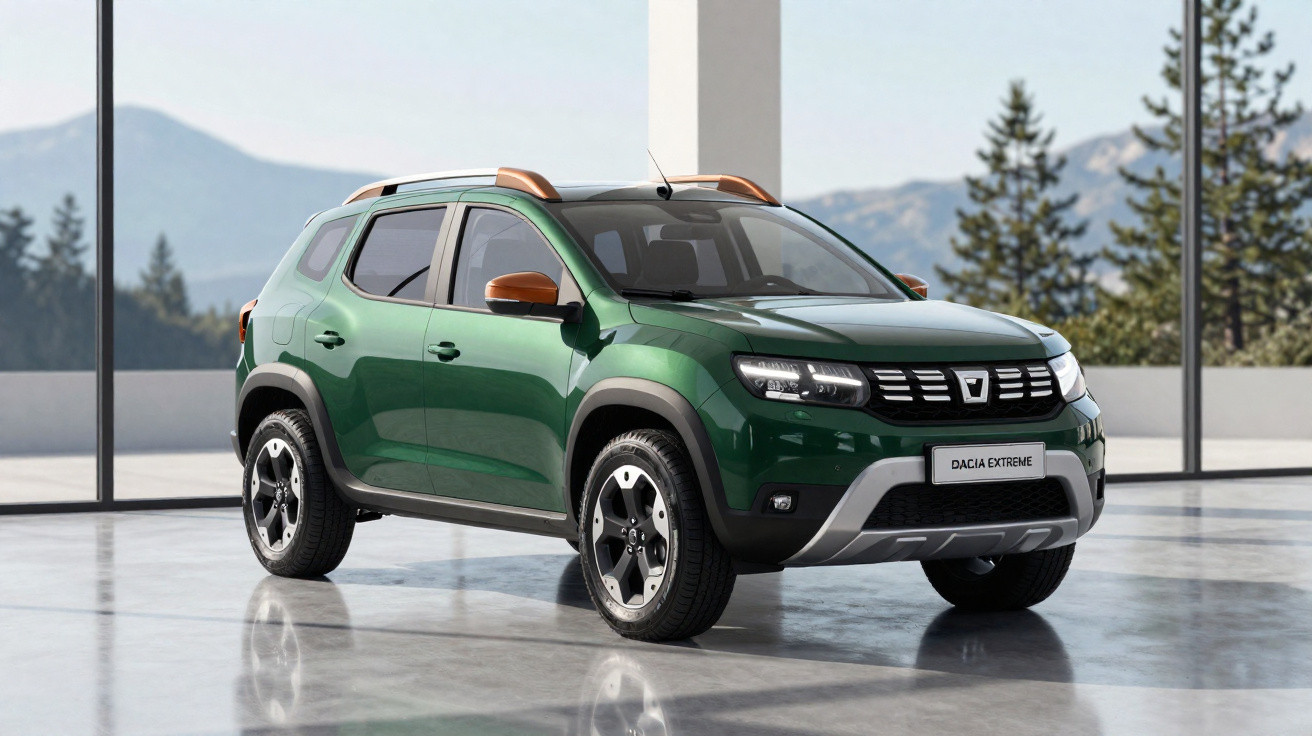 SUV Dacia Extreme verde em ambiente moderno com janelas grandes e vista para montanhas e árvores.