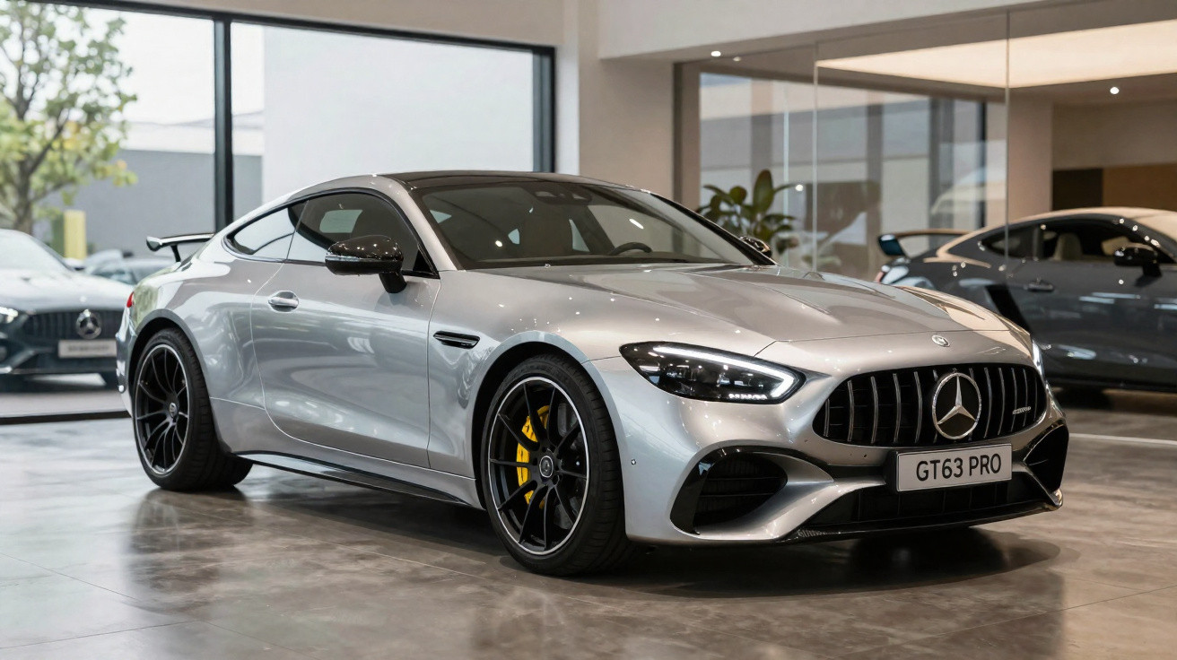 Carro esportivo Mercedes-Benz prata estacionado em showroom moderno com piso brilhante.