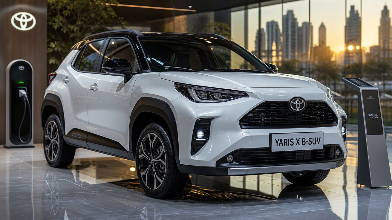 SUV branco Toyota Yaris X B-SUV em showroom moderno com carregador elétrico ao fundo.