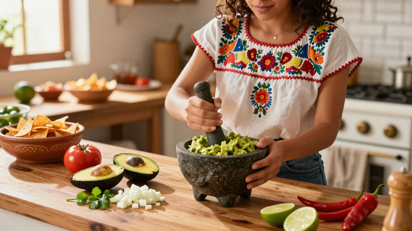 Mulher preparando guacamole com pilão e ingredientes frescos em cozinha acolhedora.