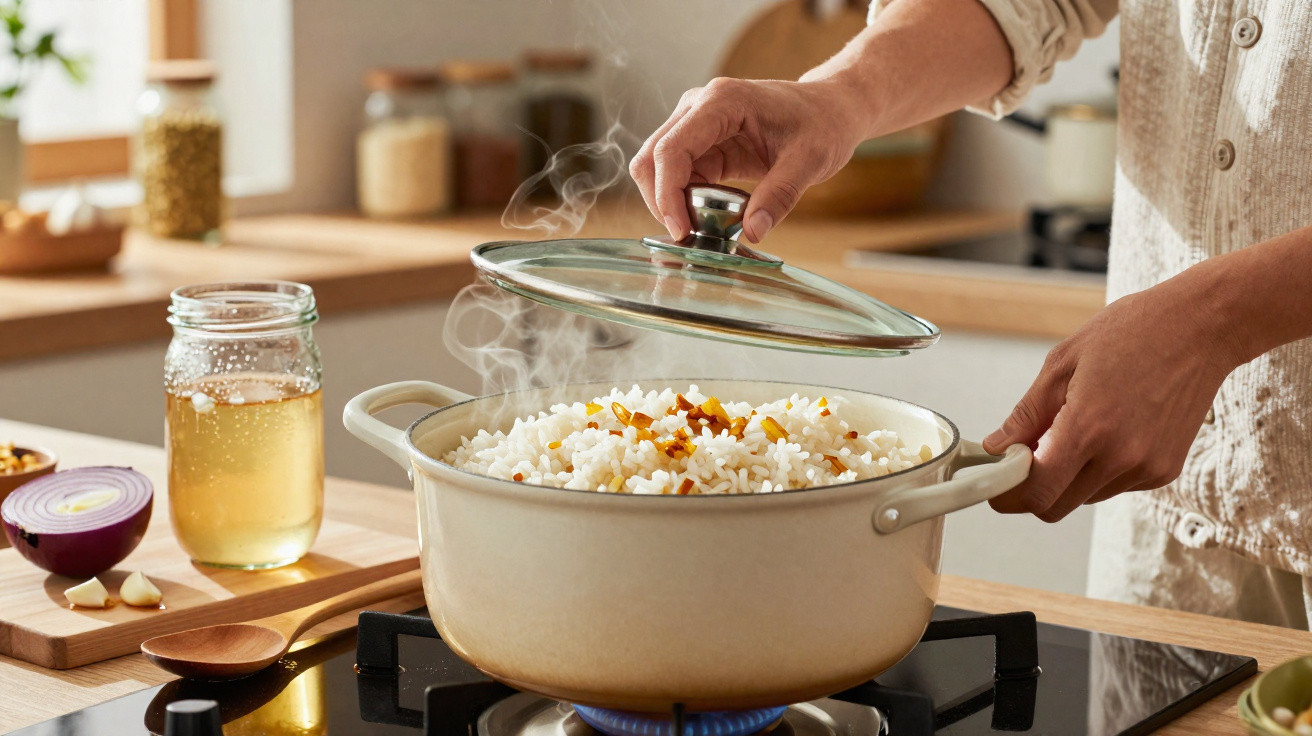 Pessoa abrindo tampa de panela com arroz e legumes cozinhando no fogão a gás em cozinha iluminada.