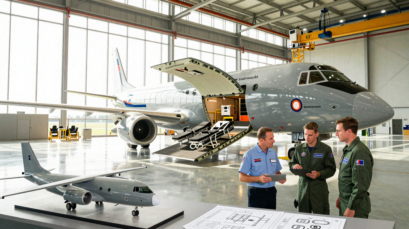 Avião militar cinza em hangar com escada aberta, três homens conversando e maquete de avião no chão.