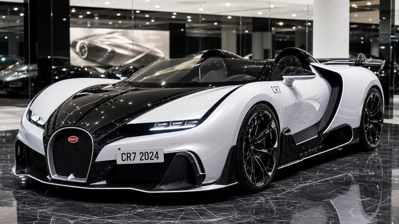 Carro esportivo Bugatti CR7 2024 preto e branco exposto em showroom moderno com piso de mármore.