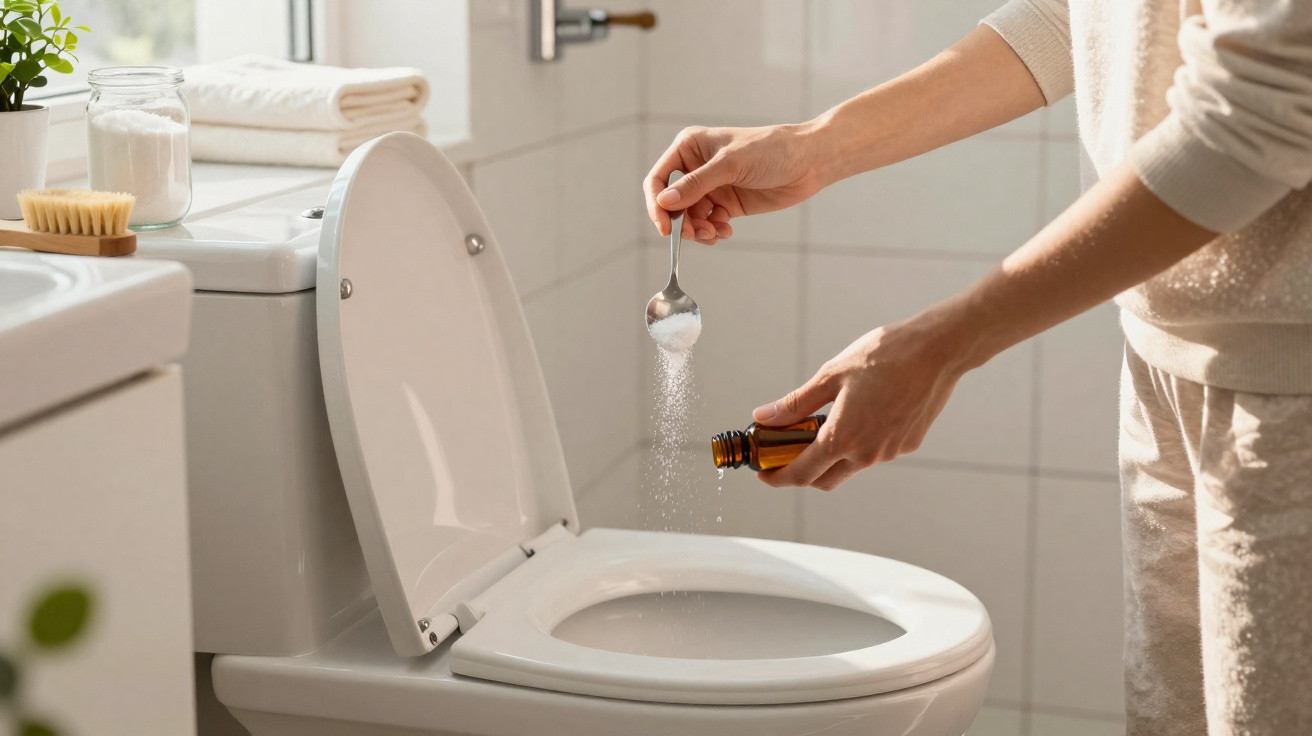 Pessoa despejando produto em pó no vaso sanitário aberto para limpeza em banheiro claro.
