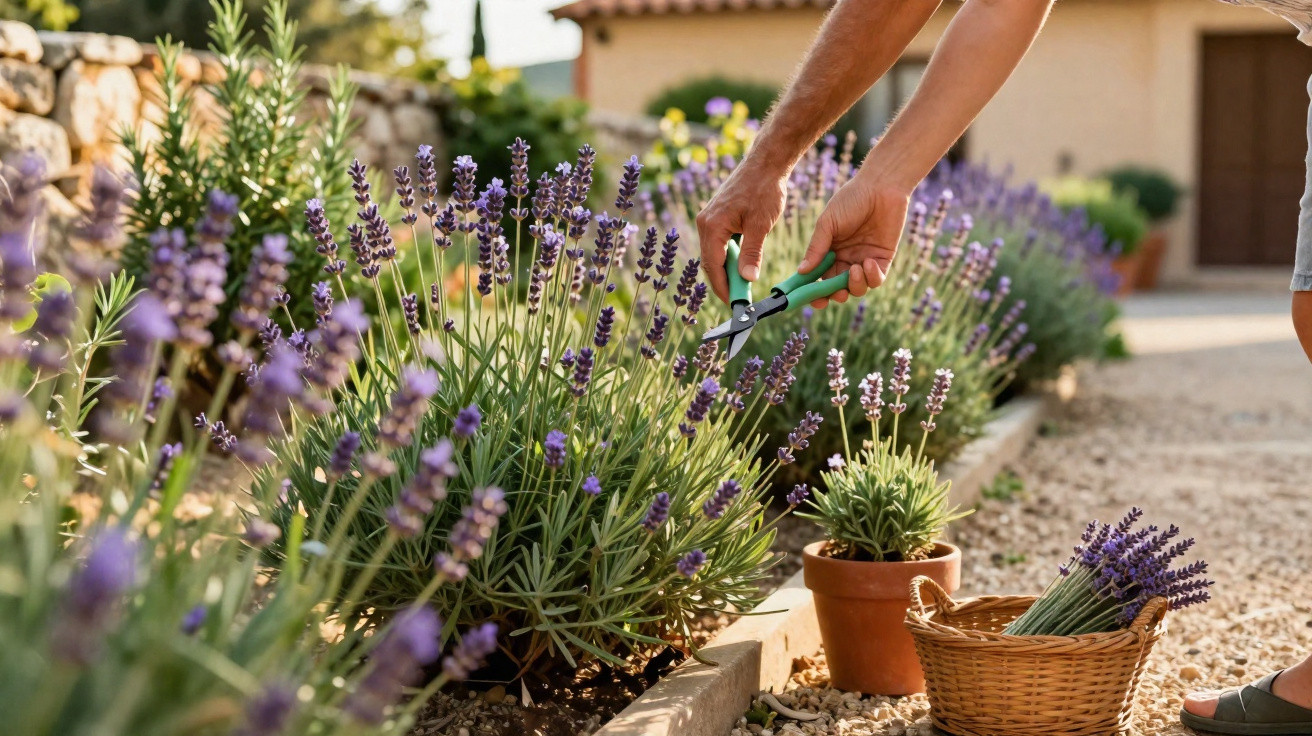 Pessoa colhendo flores de lavanda em jardim com tesoura de poda e cesto de vime ao lado.