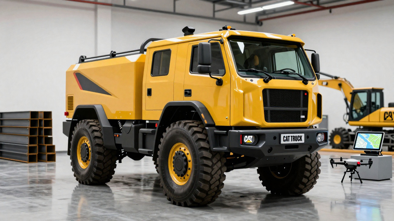 Caminhão amarelo off-road em ambiente industrial com drone e tela ao fundo.