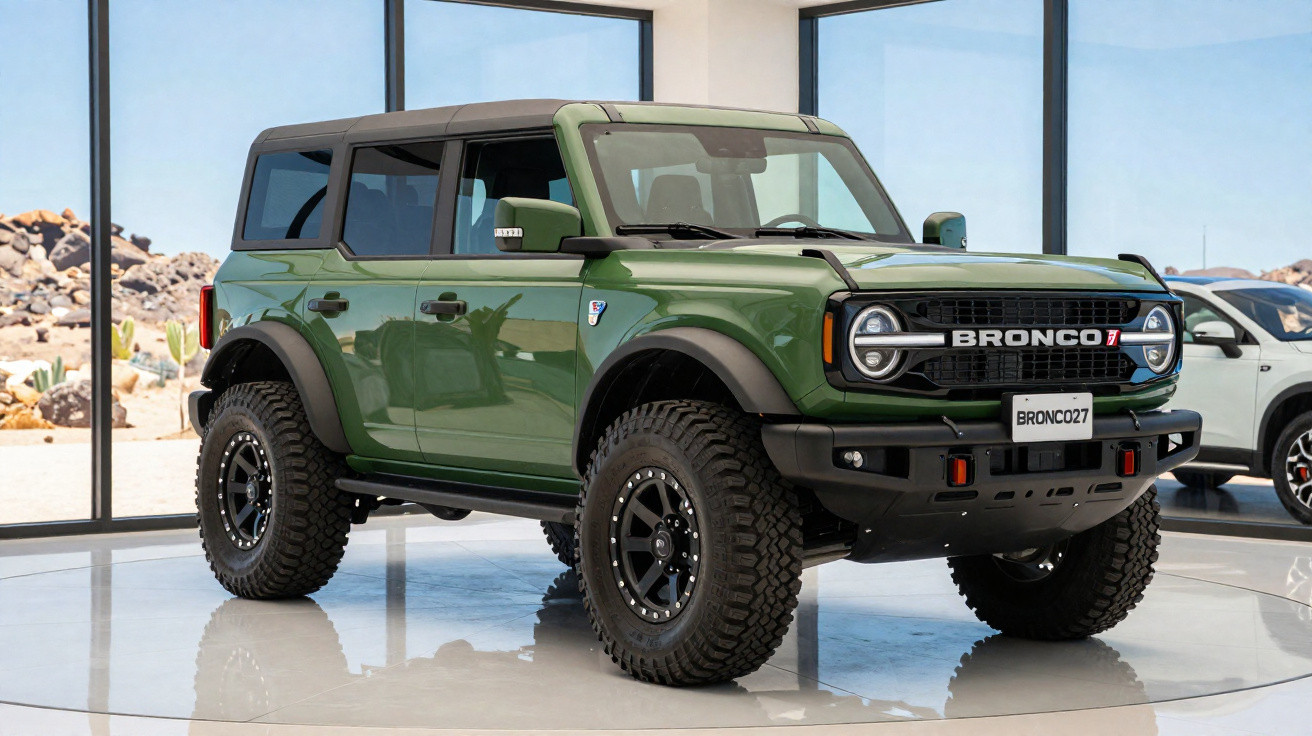 SUV Ford Bronco verde militar em exposição, com rodas robustas e teto rígido preto.