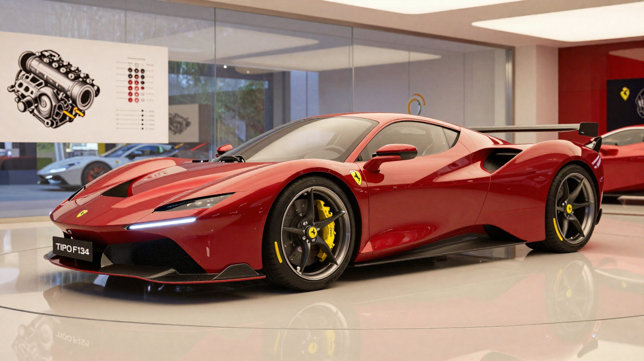 Carro esportivo Ferrari vermelho Tipo F134 exposto em showroom com motor desenhado ao lado.