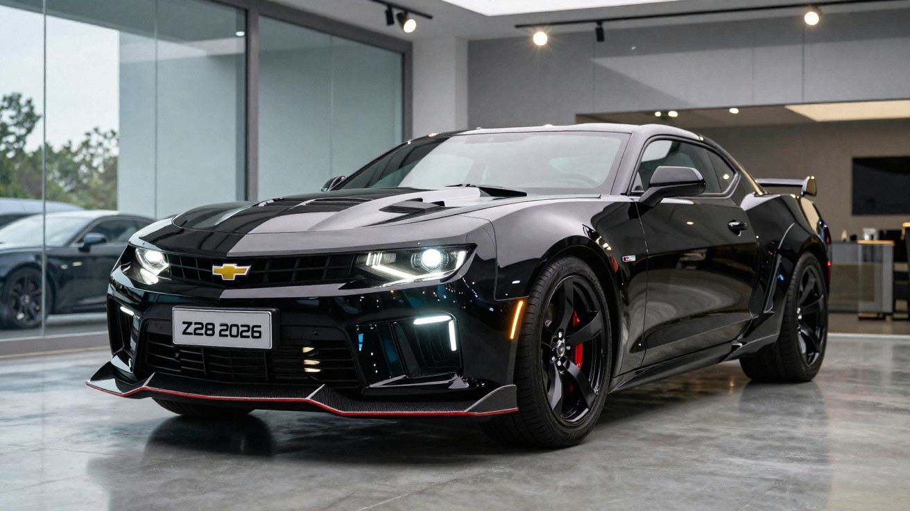 Chevrolet Camaro preto Z28 2026 em showroom com faróis acesos e detalhes em vermelho.