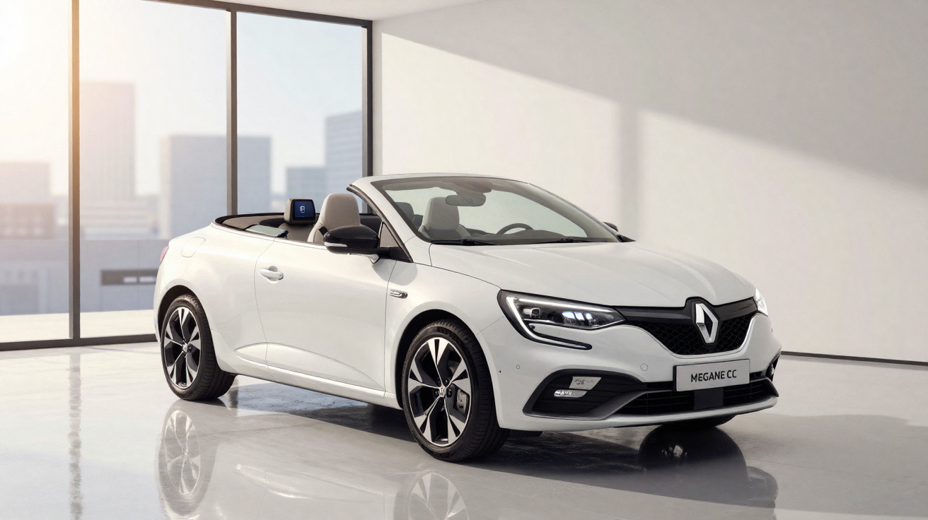 Carro conversível branco Renault Megane CC em ambiente interno com luz natural e piso refletivo.