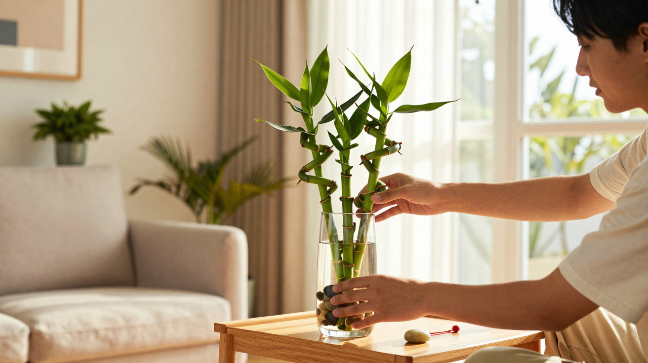 Pessoa ajeitando planta de bambu da sorte em vaso de vidro com pedras em sala iluminada e decorada.