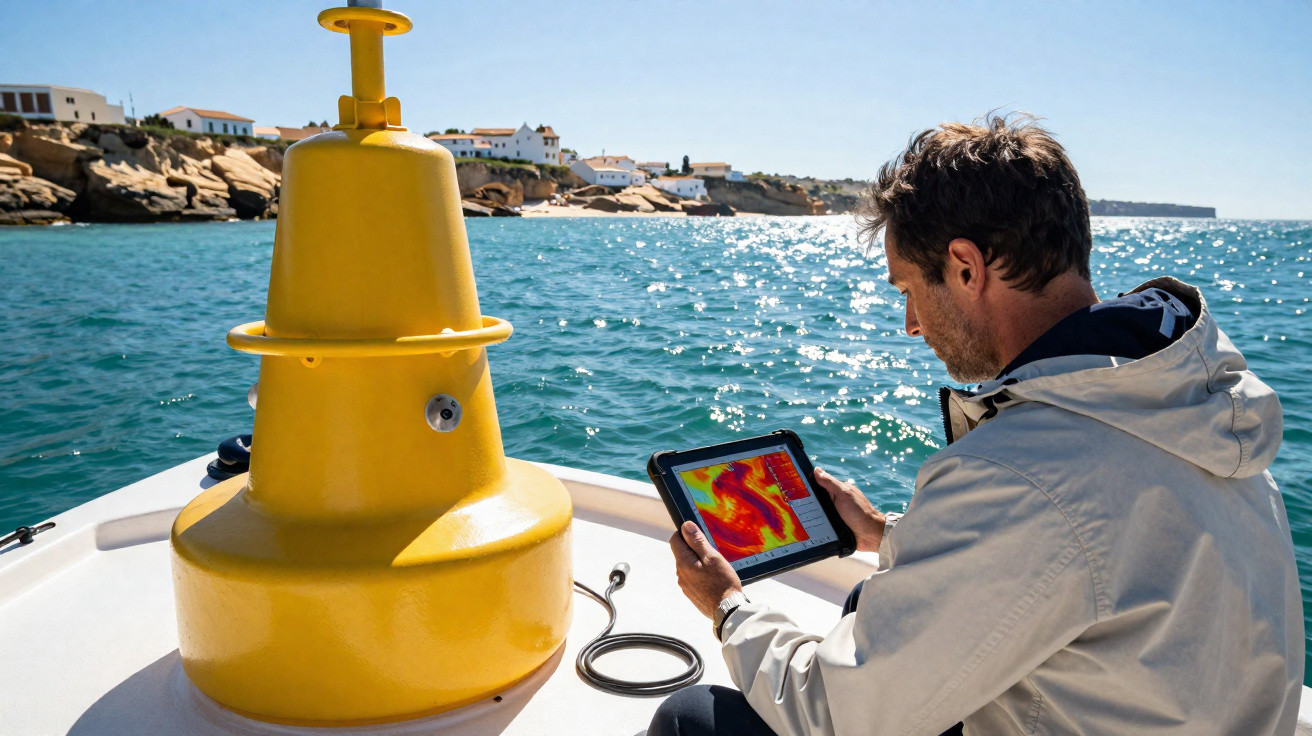 Homem com jaqueta bege segura tablet com imagem térmica em barco próximo a bóia amarela no mar.