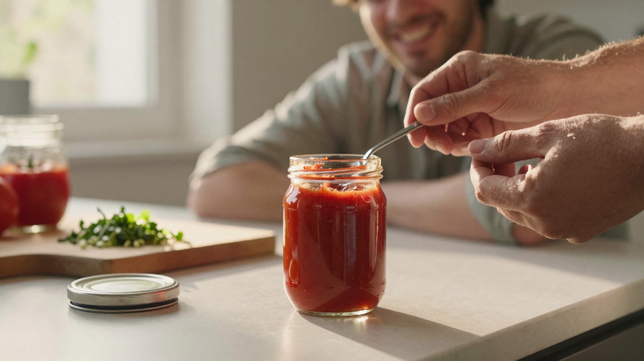 Pessoa mexendo molho de tomate em pote de vidro na cozinha enquanto outra sorri ao fundo