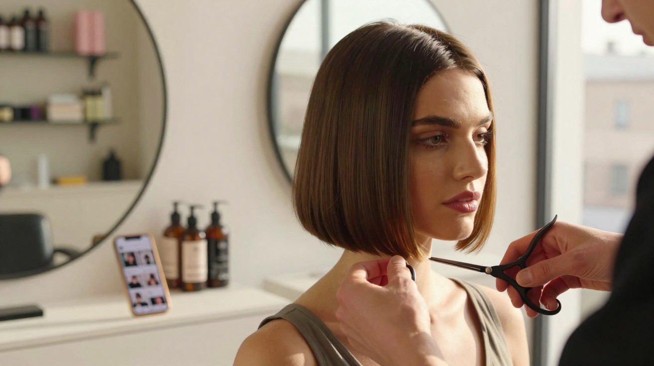 Mulher com cabelo curto sendo cortado por cabeleireiro em salão moderno com espelhos ao fundo.