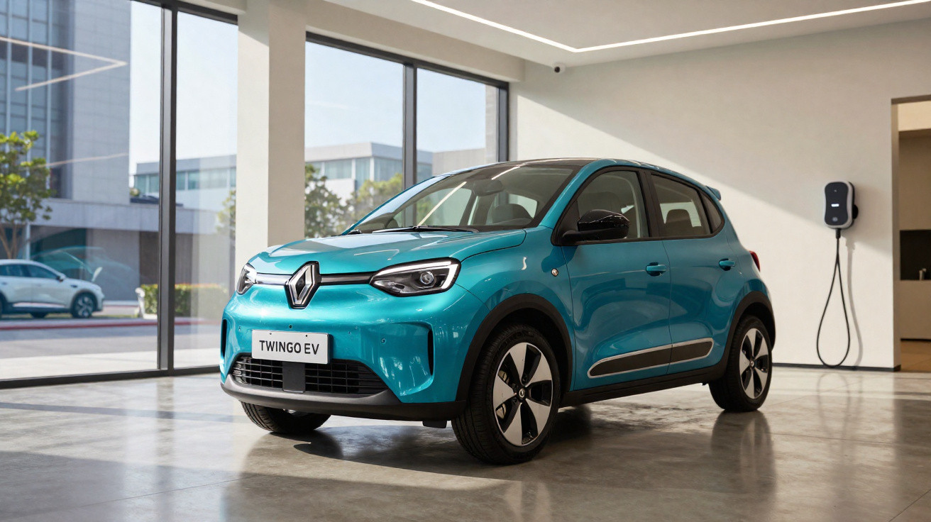 Carro elétrico Renault Twingo EV azul em exibição dentro de showroom moderno com carregador na parede.