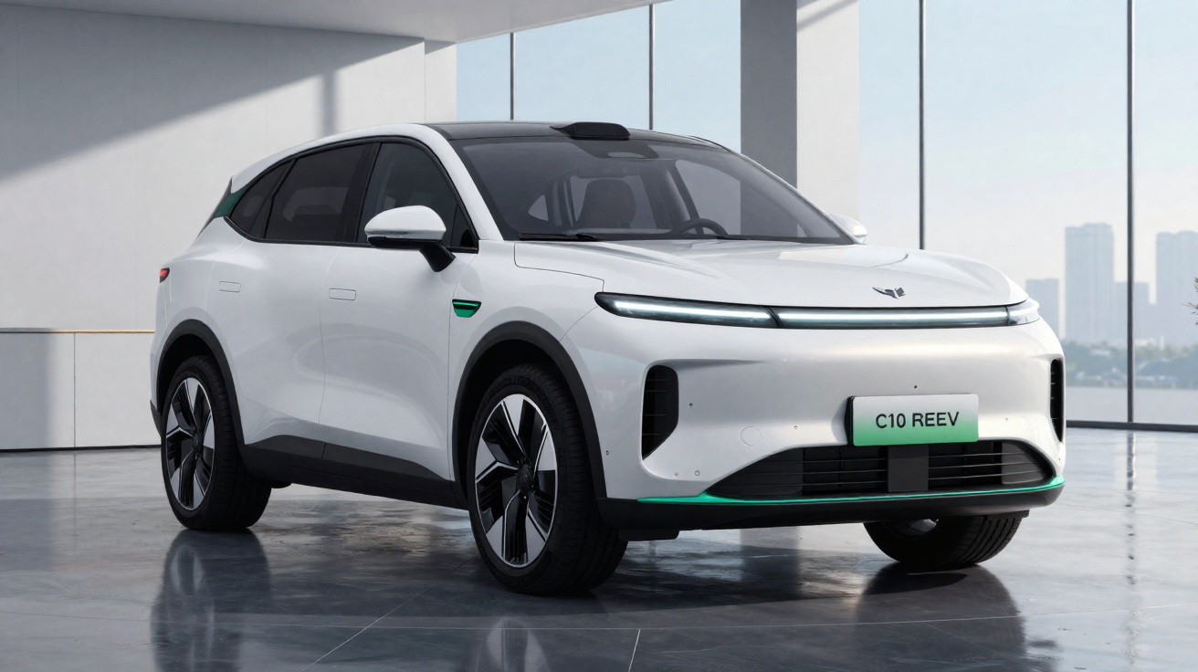 SUV elétrico branco futurístico estacionado em ambiente interno com janelas de vidro grandes.