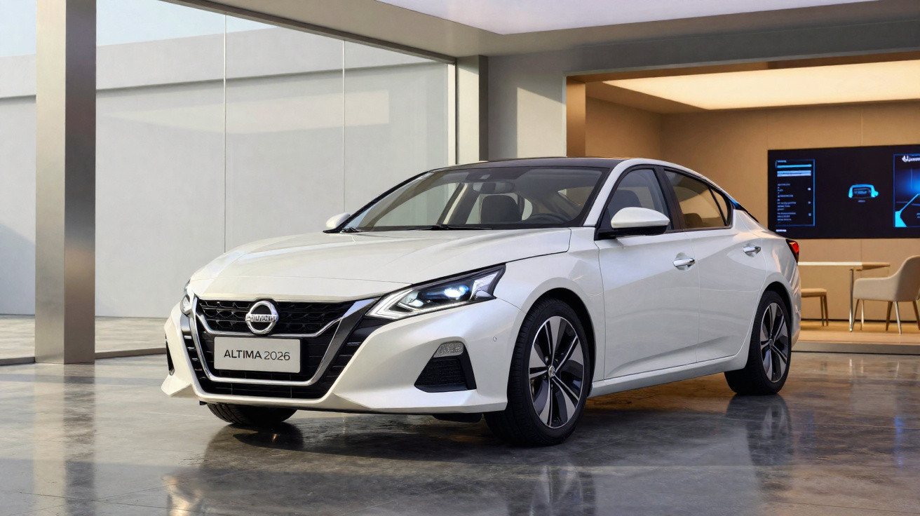 Carro sedan branco Nissan Altima 2026 estacionado em ambiente moderno com piso refletivo.