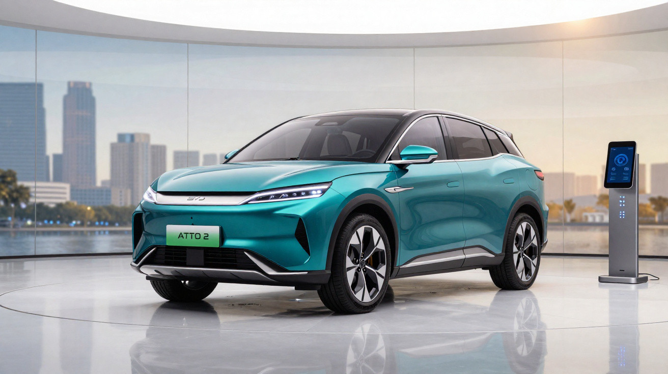 Carro elétrico ATTO 2 verde água estacionado em showroom com estação de recarga ao lado.