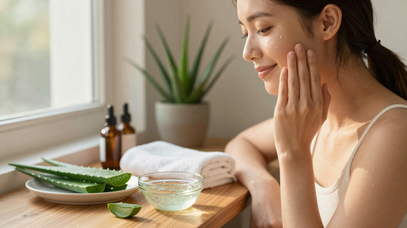 Mulher aplicando creme facial perto de aloe vera, toalha e frascos em ambiente iluminado natural.