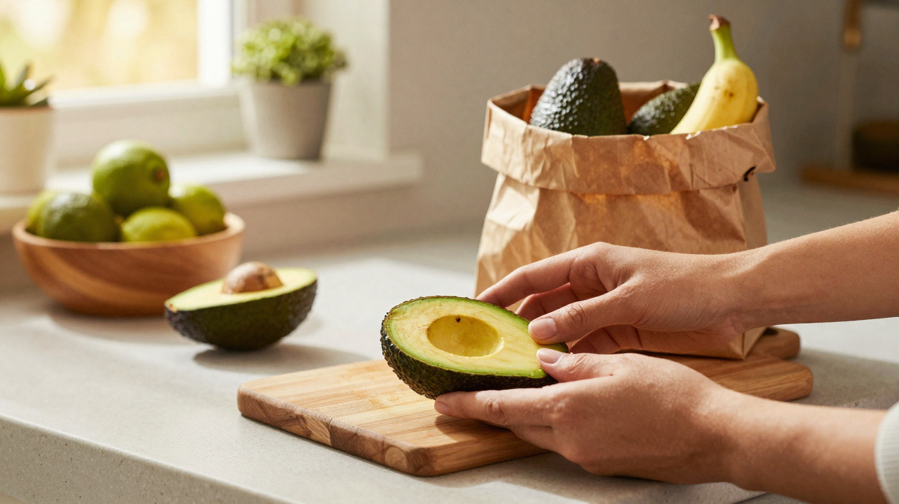 Mãos segurando metade de abacate na cozinha com frutas em saco de papel e tigelas ao fundo.