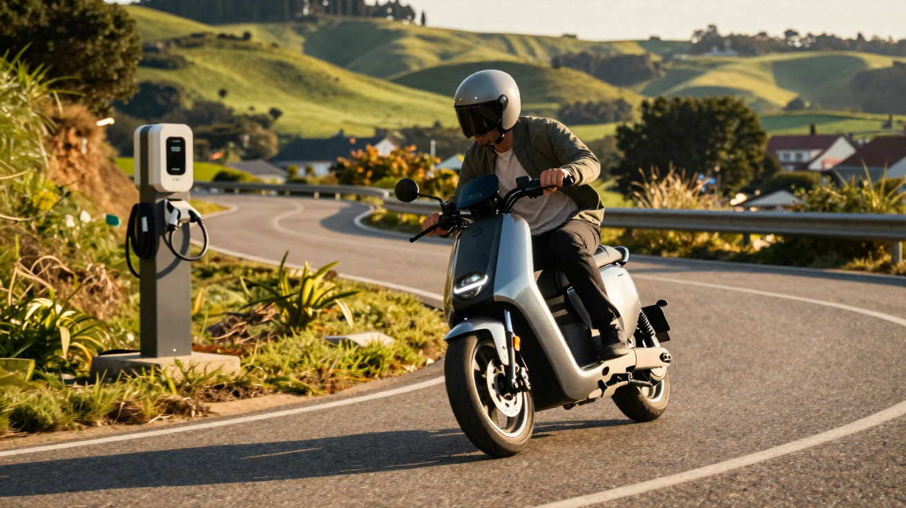 Pessoa de capacete branco pilotando scooter elétrica em estrada sinuosa com paisagem verde ao fundo.