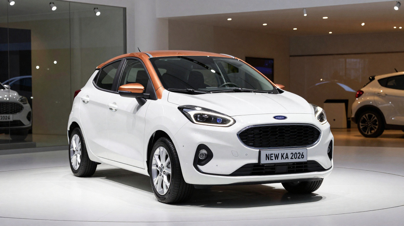 Carro hatch branco com teto laranja em exposição, modelo Ford New Ka 2026, em ambiente interno.