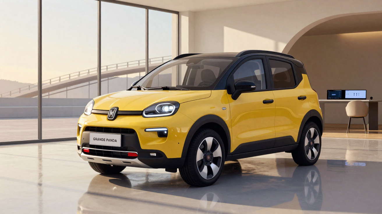 Carro Fiat Grande Panda amarelo em ambiente interno com paredes claras e piso reflexivo.