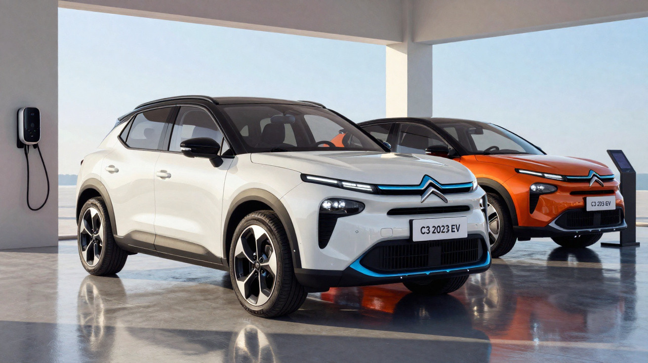 Dois carros elétricos Citroën C3 2023 EV estacionados em ambiente interno com estação de recarga.