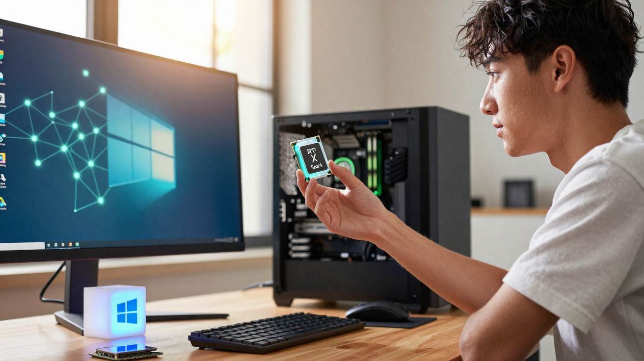 Jovem segurando chip de computador com CPU ao lado do gabinete aberto em mesa com monitor e teclado.