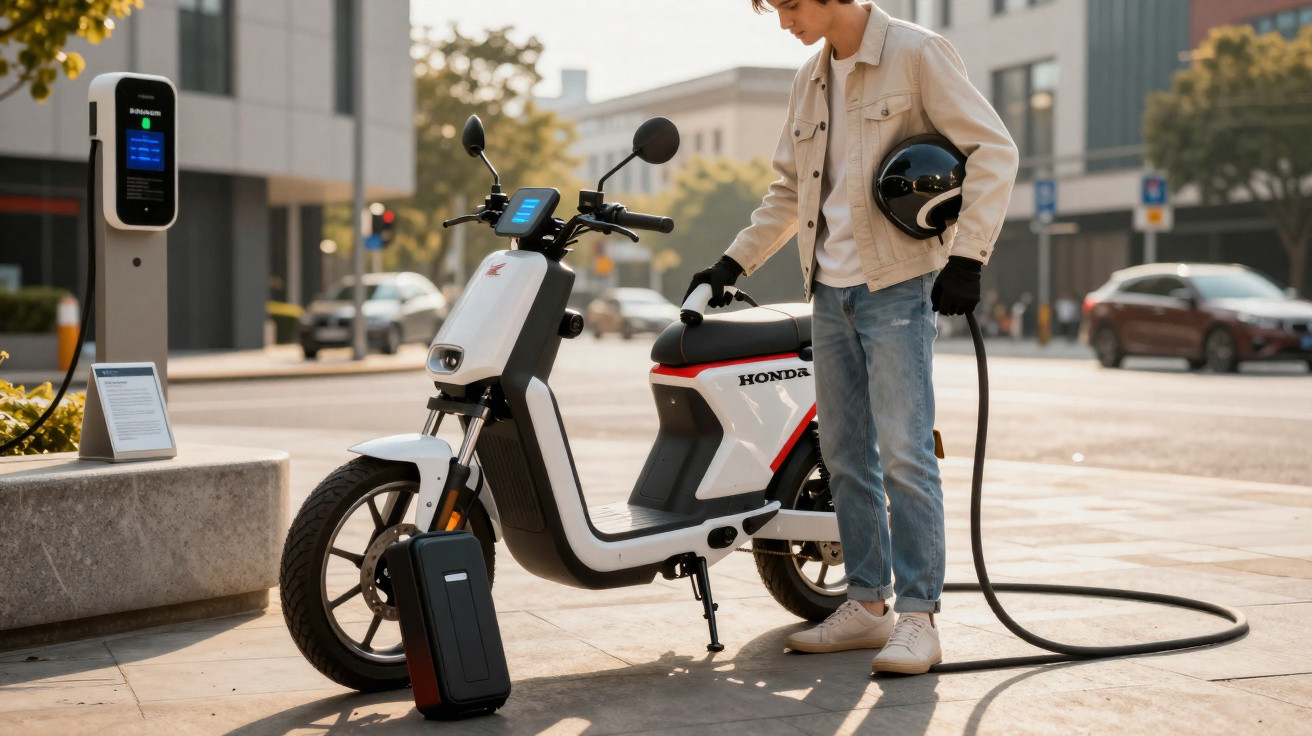 Jovem carregando uma moto elétrica Honda em estação de recarga urbana em dia ensolarado.