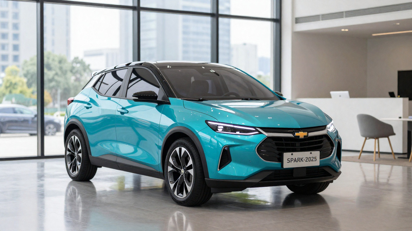 Carro Chevrolet Spark 2025 azul exposto em showroom moderno com janelas grandes.