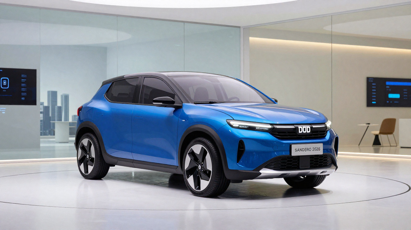 Carro elétrico azul Dacia Sandero 2025 exibido em ambiente moderno e iluminado.